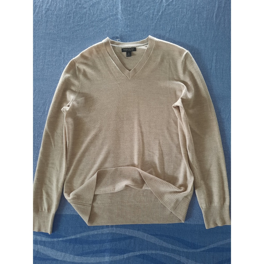 Banana Republic Mens Extra Fine Merino Wool V-Neck Sweater Tan Beige Large SEE